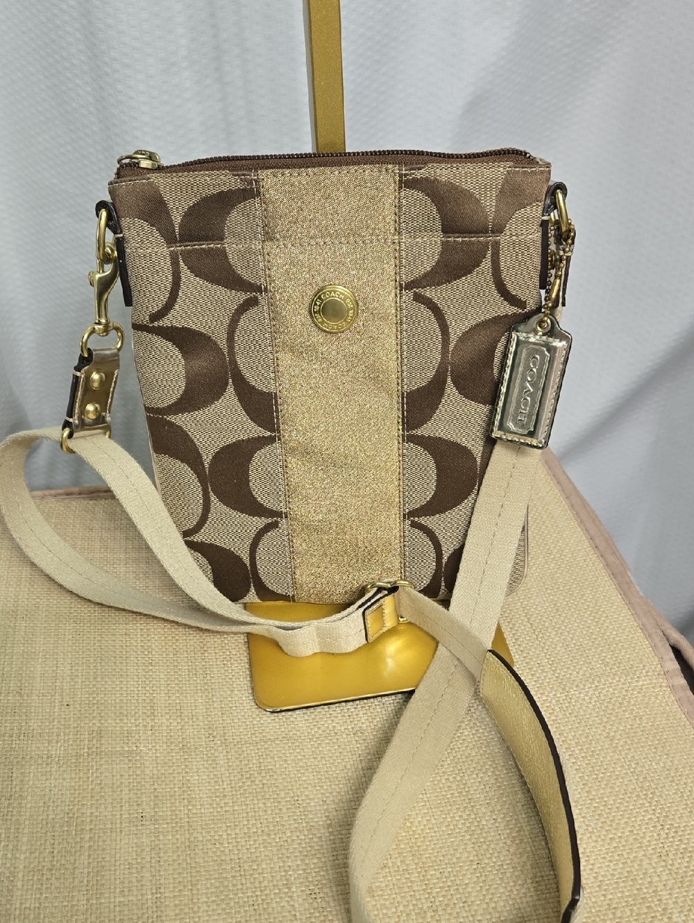 COACH Tan Signature Crossbody with Gold Center Stripe and Cream Strap